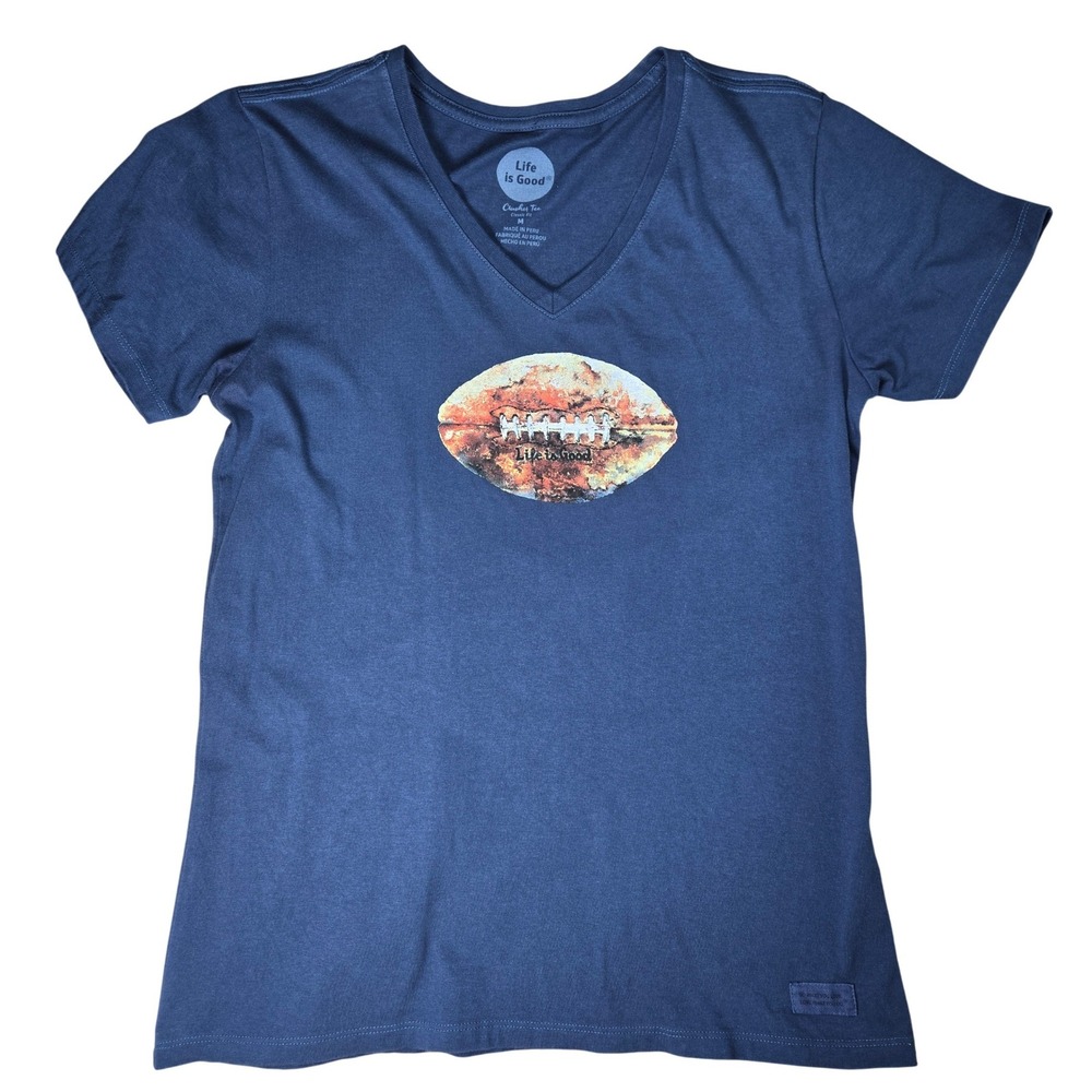 Life is Good Crusher Tee Blue Football‎ Graphic V-Neck T-Shirt Womens Medium
